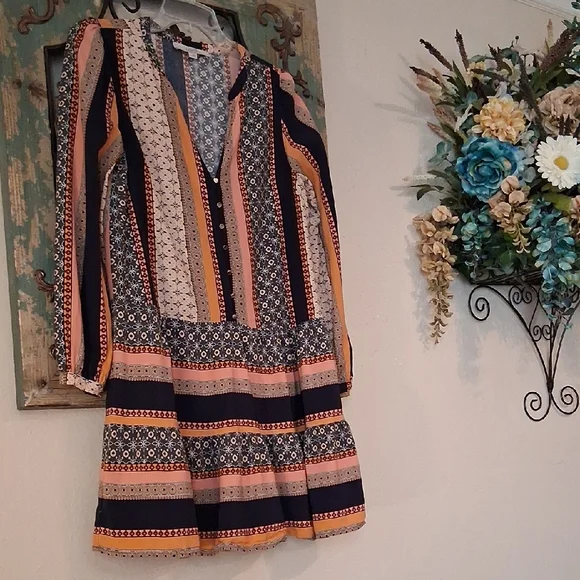 LOFT Navy and Orange Patterned Long Sleeve Dress. Good Condition Size Small - Picture 8 of 17